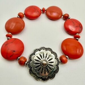 Chunky Red Stone Stretch Bracelet Silver Tone Concho Boho Statement